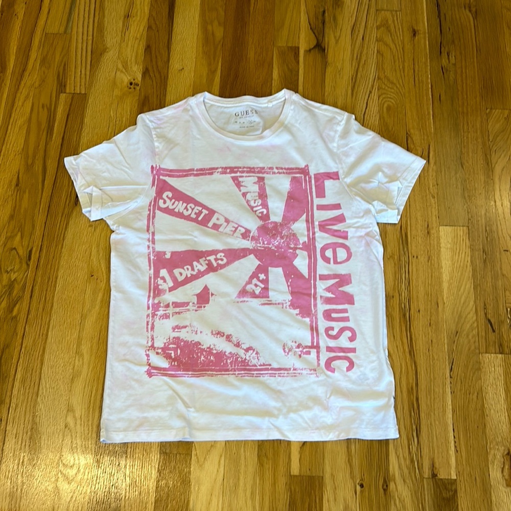 GUESS White T-Shirt with Pink 'Live Music' Graphic